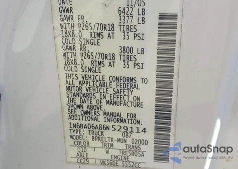 2006 Nissan Titan Se из США, поврежденный, VIN 1N6BA06A86N529114